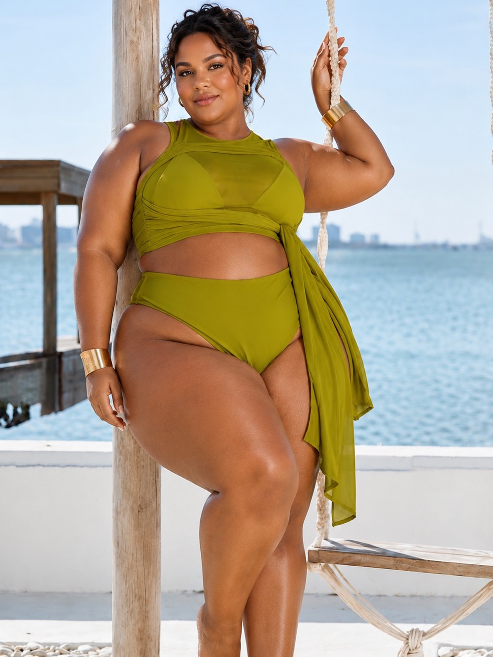 Icon LAMIYA Green 3-Piece Bikini Set Mesh Wrap Cover-Up Resort Swimwear SZ XXL
